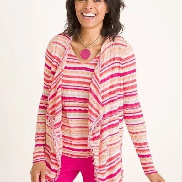Chico’s Women’s Pink Multi Wave Stripe Tassel Sweater Cardigan NWT Size Medium - Picture 1 of 10